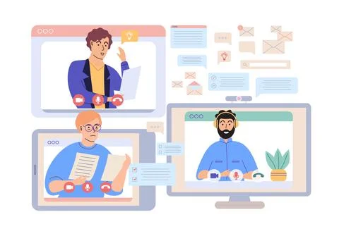 Virtual meeting, online teamwork. Computer with group of colleagues taking part Stockillustratie
