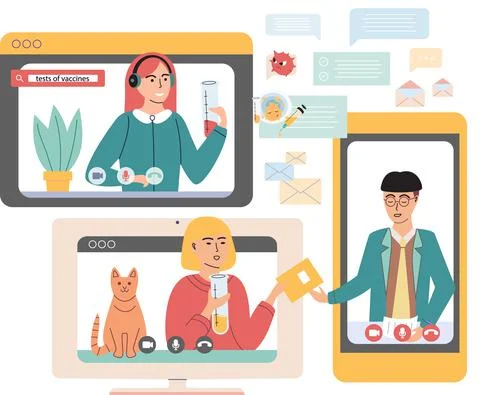 Virtual meeting, online teamwork. Computer with group of colleagues taking part Stock Illustration