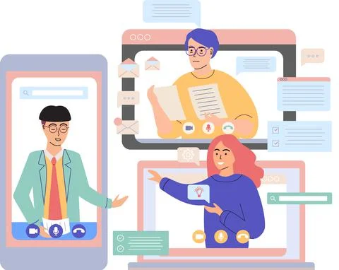 Virtual meeting, online teamwork. Computer with group of colleagues taking part Stock Illustration