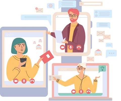 Virtual meeting, online teamwork. Computer with group of colleagues taking part Stock Illustration