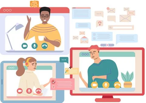 Virtual meeting, online teamwork. Computer with group of colleagues taking part Stock Illustration
