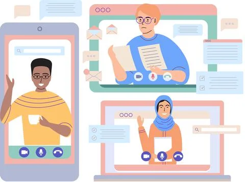 Virtual meeting, online teamwork. Computer with group of colleagues taking part Stock Illustration