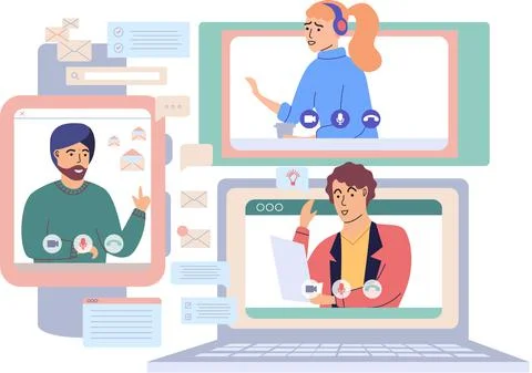 Virtual meeting, online teamwork. Computer with group of colleagues taking part Stock Illustration