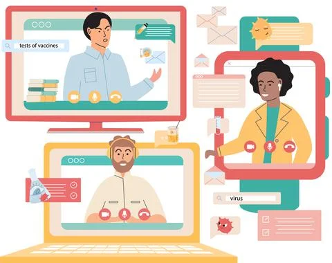 Virtual meeting, online teamwork. Computer with group of colleagues taking part Stockillustratie