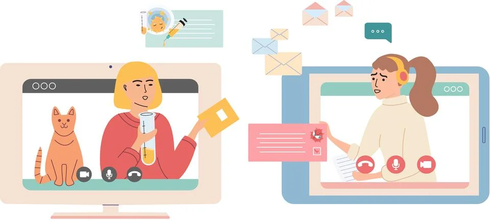 Virtual meeting, online teamwork. Computer with group of colleagues taking part Stockillustratie