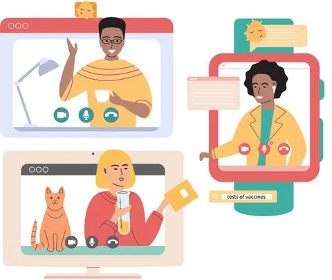 Virtual meeting, online teamwork. Computer with group of colleagues taking part Stock Illustration