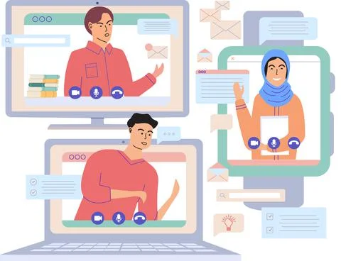 Virtual meeting, online teamwork. Computer with group of colleagues taking part Stock Illustration
