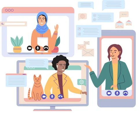 Virtual meeting, online teamwork. Computer with group of colleagues taking part Stock Illustration