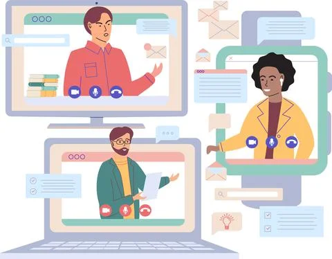 Virtual meeting, online teamwork. Computer with group of colleagues taking part Stock Illustration