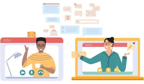 Virtual meeting, online teamwork. Computer with group of colleagues taking part Stockillustratie