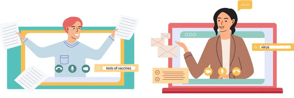 Virtual meeting, online teamwork. Computer with group of colleagues taking part Stock Illustration