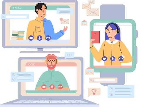 Virtual meeting, online teamwork. Computer with group of colleagues taking part Stock Illustration