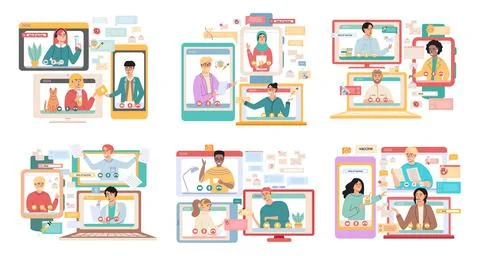Virtual meeting, online teamwork. Computer with group of colleagues taking part Stockillustratie