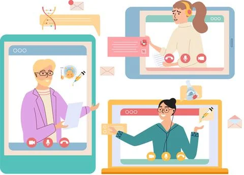 Virtual meeting, online teamwork. Computer with group of colleagues taking part Stock Illustration