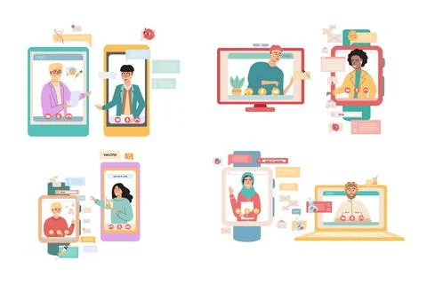 Virtual meeting, online teamwork. Computer with group of colleagues taking part Stock Illustration