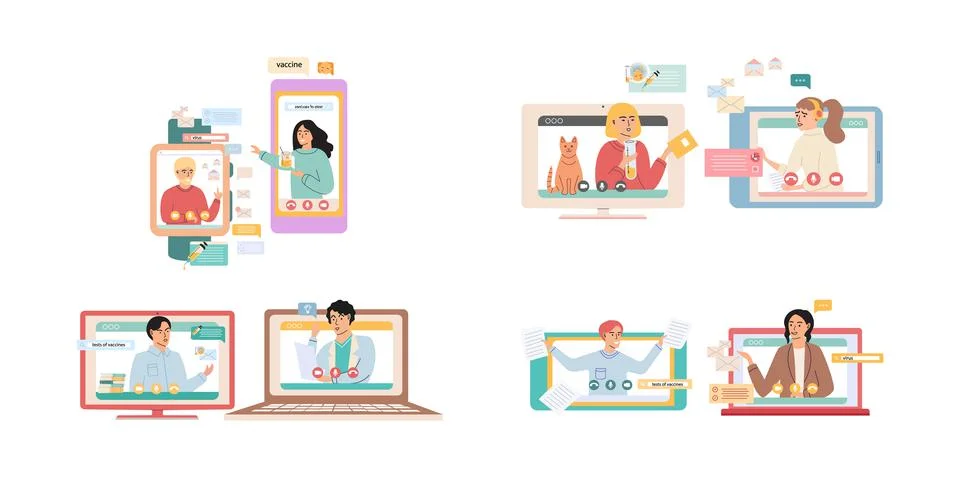Virtual meeting, online teamwork. Computer with group of colleagues taking part Stock Illustration