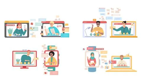 Virtual meeting, online teamwork. Computer with group of colleagues taking part Stock Illustration