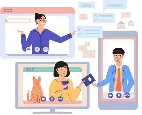 Virtual meeting, online teamwork. Computer with group of colleagues taking part Stock Illustration