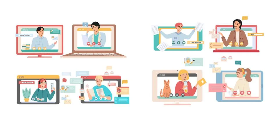 Virtual meeting, online teamwork. Computer with group of colleagues taking part Stock Illustration