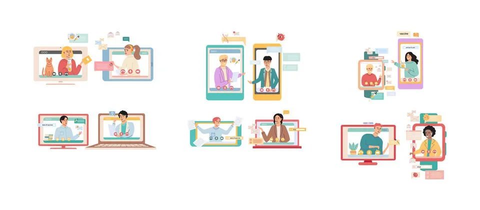 Virtual meeting, online teamwork. Computer with group of colleagues taking part Stockillustratie
