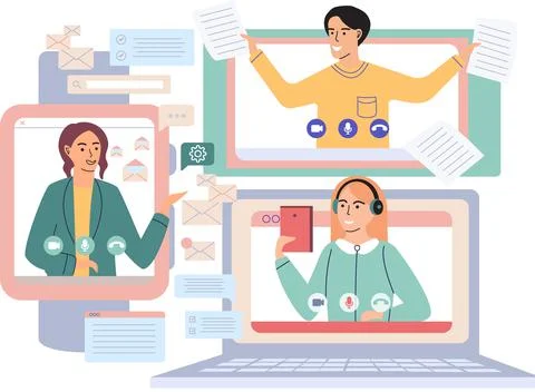 Virtual meeting, online teamwork. Computer with group of colleagues taking part Stock Illustration