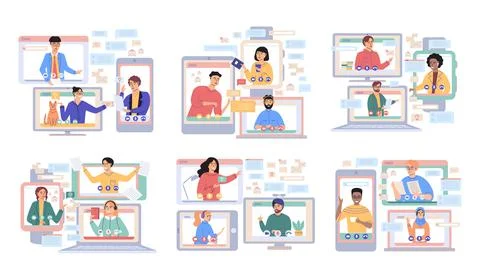 Virtual meeting, online teamwork. Computer with group of colleagues taking part Stock Illustration