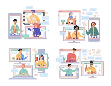 Virtual meeting, online teamwork. Computer with group of colleagues taking part Stock Illustration