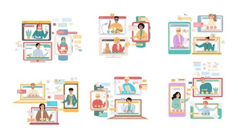 Virtual meeting, online teamwork. Computer with group of colleagues taking part Stock Illustration