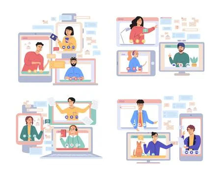 Virtual meeting, online teamwork. Computer with group of colleagues taking part Stockillustratie