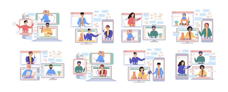Virtual meeting, online teamwork. Computer with group of colleagues taking part Stock Illustration
