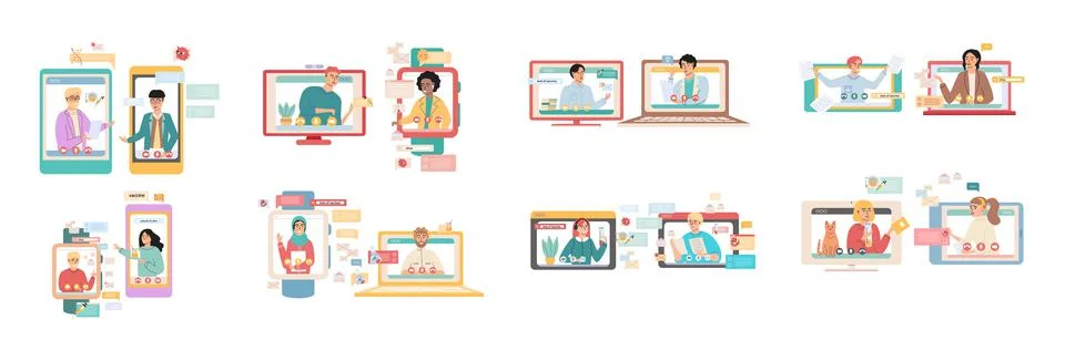 Virtual meeting, online teamwork. Computer with group of colleagues taking part Stock Illustration