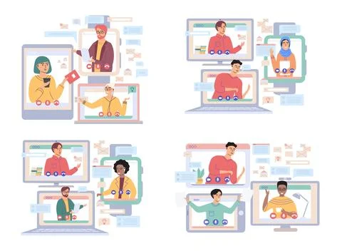 Virtual meeting, online teamwork. Computer with group of colleagues taking part Stock Illustration