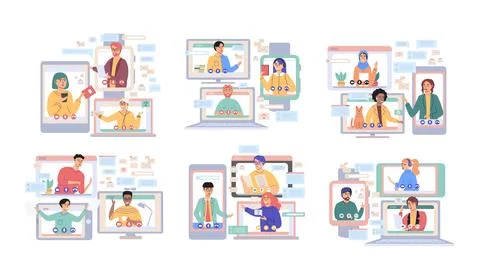 Virtual meeting, online teamwork. Computer with group of colleagues taking part Illustrazione stock