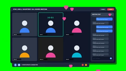 Virtual meeting software interface with hearts on green screen Stock Footage 348589180