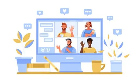 Virtual meeting vector illustration with multinational people,computer screen 库存插图