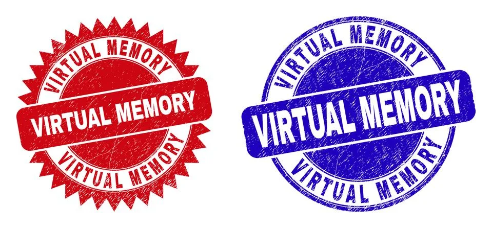 VIRTUAL MEMORY Round and Rosette Stamps with Unclean Texture Stock Illustration