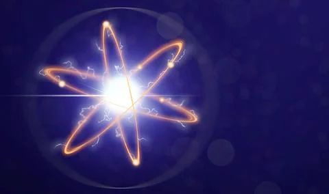 Virtual model of atom on blue background. Illustration Stock Illustration