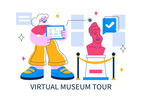 Virtual Museum Tour Vector Illustration Featuring A Modern Art Museum Where.. Stock Illustration