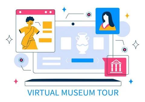 Virtual Museum Tour Vector Illustration Featuring A Modern Art Museum Where.. Ilustración de archivo
