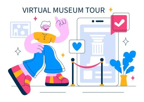 Virtual Museum Tour Vector Illustration Featuring A Modern Art Museum Where.. Stock Illustration