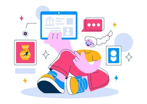 Virtual Museum Tour Vector Illustration Featuring A Modern Art Museum Where.. Stock Illustration