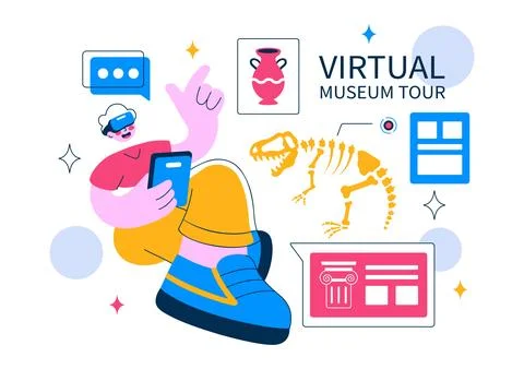 Virtual Museum Tour Vector Illustration Featuring A Modern Art Museum Where.. Stock Illustration