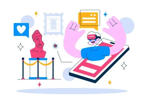 Virtual Museum Tour Vector Illustration Featuring A Modern Art Museum Where.. Stock Illustration