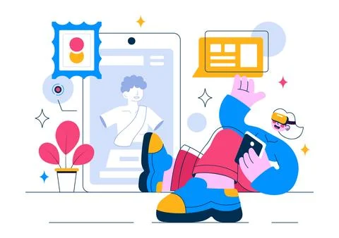 Virtual Museum Tour Vector Illustration Featuring A Modern Art Museum Where.. Stock Illustration