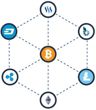 Virtual network connection with blockchain, cryptocurrency icons. Stock market Illustrazione stock