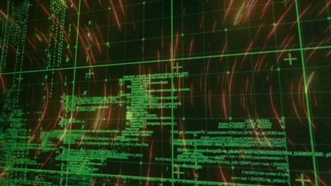 Virtual network dashboard animating, showing green code blocks with grid nodes Stock Footage 309286232