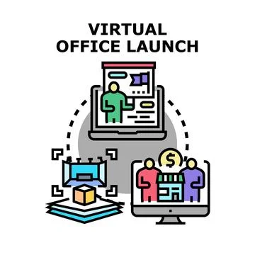 Virtual office launch concept with digital business environment Stock Illustration