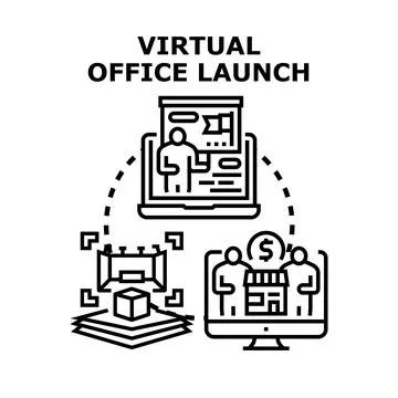 Virtual office launch concept with digital business environment Stock Illustration