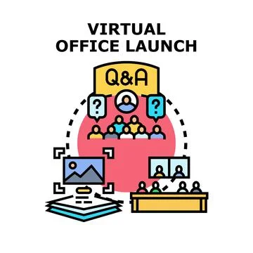 Virtual office launch event with online collaboration Illustrazione stock