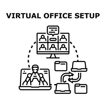 Virtual office setup facilitating remote team collaboration and online meetin Illustrazione stock
